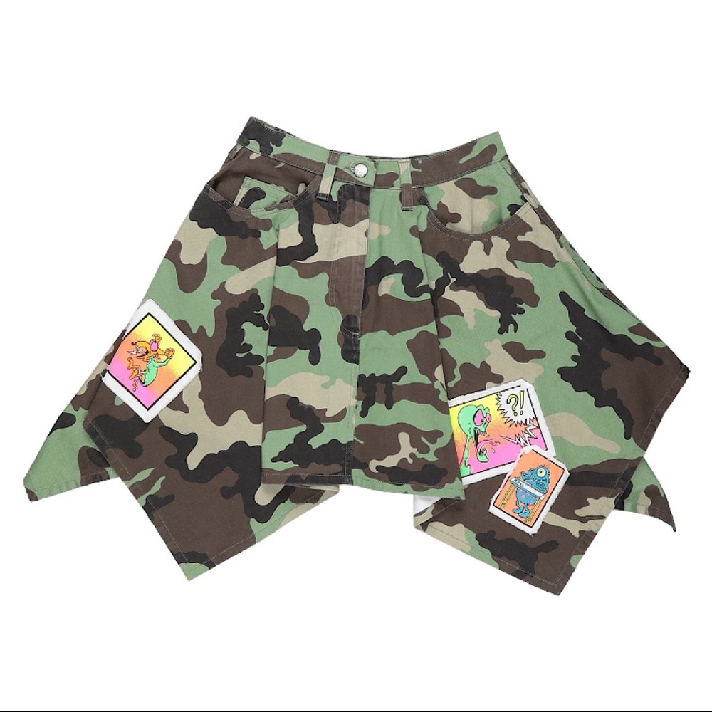 Jeremy Scott Military Camo Patchwork Denim Skirt